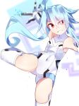  1girl ahoge bare_shoulders blush breasts elbow_gloves gloves hair_between_eyes highres holding holding_weapon leotard light_blue_hair looking_at_viewer neptune_(series) power_symbol red_eyes shimeji_wyvern short_hair_with_long_locks small_breasts solo symbol-shaped_pupils thighhighs weapon white_gloves white_heart white_leotard 