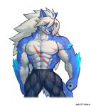  2021 abs anthro biceps bottomwear canid canine canis cheong_hwan clothing digital_media_(artwork) fur hair hi_res male mammal multicolored_body multicolored_fur muscular muscular_anthro pecs scar simple_background solo wolf wolfmalro 