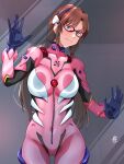  1girl against_fourth_wall against_glass blue_eyes bodysuit breast_press breasts brown_hair covered_navel cowboy_shot glasses highres interface_headset island_lagoon large_breasts long_hair low_twintails makinami_mari_illustrious neon_genesis_evangelion pink_bodysuit plugsuit rebuild_of_evangelion red-framed_eyewear solo twintails 