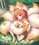  1girl absurdres animal_ears barefoot blue_eyes bug butterfly collar eight-tailed_fox_nari flower fox_ears fox_girl fox_tail grass guardian_tales highres hooksampao huge_filesize insect multiple_tails open_mouth orange_hair solo tail white_flower yellow_butterfly 