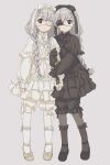  2girls arm_hug bangs black_bow black_dress black_eyepatch black_footwear black_legwear black_ribbon blue_eyes blunt_bangs bow bowtie braid braided_bangs brown_eyes dress expressionless eyebrows_visible_through_hair eyepatch frilled_dress frilled_legwear frills full_body gothic_lolita grey_hair hair_bow highres hisakawa_hayate hisakawa_nagi idolmaster idolmaster_cinderella_girls lolita_fashion long_hair looking_at_viewer multiple_girls parted_lips petticoat ribbon siblings simple_background sisters sleeves_past_wrists smile twin_braids twins wa_ikun white_bow white_dress white_eyepatch white_footwear white_ribbon 