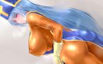  1girl ass blue_hair blue_tabard bodysuit breasts covered_nipples cross dragon_quest dragon_quest_iii gloves huge_breasts impossible_clothes long_hair mitre orange_bodysuit priest_(dq3) skin_tight solo tabard uni96_(uknee96) yellow_gloves 