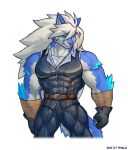  2021 anthro belt biceps canid canine canis cheong_hwan clothing digital_media_(artwork) fur gloves hair handwear hi_res male mammal muscular muscular_anthro simple_background solo wolf wolfmalro 