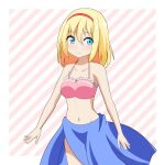  1girl alice_margatroid bangs bare_arms bare_shoulders bikini bikini_top blonde_hair blue_eyes breasts cato_(monocatienus) collarbone commentary_request cowboy_shot diagonal_stripes eyebrows_visible_through_hair eyes_visible_through_hair hair_between_eyes highres long_hair looking_at_viewer medium_breasts midriff navel pink_bikini sarong simple_background solo striped striped_background swimsuit touhou 
