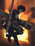  1girl armor bangs black_hair blurry blurry_background boots breastplate bysau closed_mouth expressionless fire foot_out_of_frame grey_eyes gun hair_between_eyes highres holding holding_weapon knee_up midair mikasa_ackerman outstretched_arm red_scarf scar scar_on_face scarf shingeki_no_kyojin short_hair solo thigh_strap three-dimensional_maneuver_gear weapon window wire 