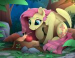  blue_eyes cutie_mark day detailed_background duo equid equine eyebrows eyelashes feathered_wings feathers female feral fluttershy_(mlp) forest friendship_is_magic gastropod grass hasbro hi_res mammal mollusk my_little_pony outside pegasus plant smile snail tree wings yakovlev-vad 