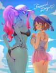  1girl 1other androgynous artist_name ass bangs bare_arms bare_shoulders bikini black_bikini blue_bow blue_skin bow breasts brown_hair closed_eyes colored_skin cowboy_shot day fins food frisk_(undertale) from_behind from_side hat heart highres ice_cream ice_cream_cone long_hair looking_at_viewer looking_back medium_breasts noaharbre outdoors panties pink_hair ponytail red_hair short_hair skindentation smile swimsuit undertale underwear undyne white_headwear white_panties 