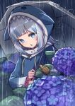  1girl :o animal_costume animal_hood arimoto_wataru arms_up bangs blue_eyes blue_hair blue_hoodie blunt_bangs dark_sky eyebrows_visible_through_hair facing_viewer flat_chest flower gawr_gura highres holding hololive hololive_english hood hoodie lavender_(flower) light_blush long_sleeves medium_hair multicolored_hair open_mouth outdoors plant rain reflection shark_costume shark_girl shark_hood sharp_teeth shiny shiny_hair silver_hair sky snail solo standing streaked_hair teeth tongue umbrella v-shaped_eyebrows virtual_youtuber white_hair wide_sleeves 