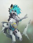  5_fingers anthro blue_eyes blue_hair breasts canid canine eyebrows eyelashes featureless_breasts featureless_crotch female fingers fish fur hair hi_res hybrid mammal marine nude orphen-sirius shark smile 