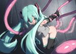  1girl absurdres anal arms_behind_back ass black_legwear black_sleeves blush bottomless cum cum_in_ass cum_in_pussy cum_on_body detached_sleeves double_penetration empty_eyes fukutchi green_eyes green_hair green_neckwear grey_shirt hatsune_miku highres long_hair moaning motion_blur necktie open_mouth overflow rape restrained shirt tears tentacle_sex tentacles thigh_gap thighhighs thighs twintails vaginal very_long_hair vocaloid 