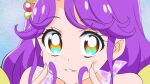  1girl aqua_eyes blue_background brown_eyes cheek_poking close-up cure_coral damascus_(dearigazu2001) derivative_work face heart heart_in_eye henshin highres long_hair looking_at_viewer multicolored multicolored_eyes poking precure purple_hair screencap_redraw sidelocks smile solo suzumura_sango symbol_in_eye tropical-rouge!_precure vector_trace 