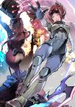  1boy 2girls absurdres apex_legends ass bodysuit breasts cane explosion explosive floating floating_hair fuse_(apex_legends) goggles goggles_on_head grenade highres holding holding_cane horizon_(apex_legends) jacket karory loba_(apex_legends) looking_ahead looking_at_viewer looking_back medium_breasts multiple_girls one_eye_covered red_jacket short_hair shuriken signature smile standing throwing twintails victorian white_hair 