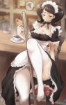  1girl apron bangs bar_stool black_hair blurry blurry_background bored bow breasts cellphone cleavage coffee coffee_cup collarbone commentary_request counter cup disposable_cup dress eyelashes foot_out_of_frame frilled_apron frills garter_straps grey_eyes hand_up highres holding holding_phone jitome kawakami_sadayo knee_up kurosususu leaning_back legs long_dress looking_at_viewer maid maid_apron maid_headdress medium_breasts medium_hair no_shoes official_alternate_costume panties pantyshot persona persona_5 phone puffy_sleeves shiny shiny_hair short_sleeves sitting skindentation solo speech_bubble steam stool thighhighs twintails underwear waist_apron white_apron white_legwear white_panties 