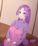  1girl absurdres apron artist_request bangs blush breasts fate/grand_order fate_(series) highres large_breasts long_hair low-tied_long_hair minamoto_no_raikou_(fate) motherly parted_bangs purple_eyes purple_hair smile solo sweater very_long_hair 
