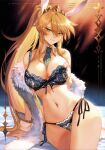  1girl absurdres animal_ears arm_support artoria_pendragon_(all) artoria_pendragon_(swimsuit_ruler)_(fate) bangs bare_shoulders blonde_hair bra breasts bunny_ears cleavage detached_collar fake_animal_ears fate/grand_order fate_(series) green_eyes hair_ornament highres jewelry large_breasts lingerie long_hair looking_at_viewer mashuu_(neko_no_oyashiro) navel panties shiny shiny_hair side-tie_panties simple_background sitting smile solo stomach tiara tied_hair underwear underwear_only wrist_cuffs 