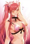  1girl absurdres bangs bare_shoulders bow bow_bra bra breasts brown_eyes choker fate/grand_order fate_(series) gradient gradient_background hair_ornament highres long_hair looking_at_viewer mashuu_(neko_no_oyashiro) medb_(fate) medb_(fate)_(all) medium_breasts one_eye_closed pink_hair scan simple_background smile solo tied_hair tongue tongue_out twintails underwear underwear_only upper_body 