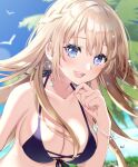  1girl beach bikini bikini_top black_bikini blonde_hair bracelet braid breasts cleavage coconut_tree jewelry long_hair minamoto_mamechichi nail_polish original palm_tree pearl_bracelet sky smile swimsuit swimwear tree 