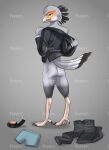  absurd_res accipitriform avian beak belt bird black_body black_feathers boxers_(clothing) butt clothing discarded_clothing distracting_watermark feathers fiverr grin hi_res looking_at_viewer male secretary_bird sheepwhatever simple_background smile smirk solo sporkier suit underwear undressing watermark 