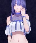  1girl aoe_nagi bangs bare_shoulders black_background blue_choker bow breasts choker eyebrows_behind_hair hair_over_eyes hair_over_one_eye long_hair looking_at_viewer medium_breasts minenami_ryou mole mole_under_eye mouth_hold navel shounen_no_abyss smile solo string string_of_fate upper_body 