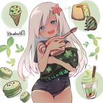  1girl bangs blue_eyes blue_swimsuit blush cup dated dessert disposable_cup drinking_straw food grey_hair heart heart-shaped_pupils holding holding_watering_can ice_cream ice_cream_cone kantai_collection leaf long_hair macaron mint one-piece_swimsuit open_mouth ro-500_(kancolle) ruohire9 sailor_collar saliva simple_background solo starfish starfish_hair_ornament swimsuit symbol-shaped_pupils tan tanline twitter_username two-tone_background watering_can whipped_cream 
