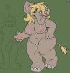  2020 4_fingers anthro balls big_breasts blonde_hair blue_eyes breasts capreoline cervid duo elephant elephantid erection female fingers genitals green_background grey_body grey_skin hair hi_res larger_female male mammal mel_(nanimoose) model_sheet moose nanimoose nanimoose_(character) navel nipples nude penis proboscidean proboscis_(anatomy) pussy simple_background size_difference smaller_male trunk_(anatomy) 