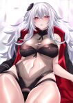  1girl azur_lane bangs bare_arms bare_shoulders black_coat blush breasts cleavage coat collarbone covered_nipples cowboy_shot eyebrows_visible_through_hair fur_trim graf_zeppelin_(azur_lane) graf_zeppelin_(beachside_urd)_(azur_lane) hair_between_eyes hair_ornament highres keishi_surota large_breasts long_hair looking_at_viewer navel parted_lips red_eyes see-through silver_hair solo swimsuit swimwear 