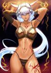  1girl absurdres animal_ears armlet asymmetrical_gloves bangs bare_shoulders bra breasts caenis_(fate) collarbone dark_skin elbow_gloves fate/grand_order fate_(series) gloves hair_ornament highres lips long_hair looking_at_viewer mashuu_(neko_no_oyashiro) medium_breasts navel panties parted_lips scan simple_background solo stomach tattoo thighs tied_hair underwear underwear_only 