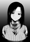 1girl bangs black_eyes black_hair blush breasts closed_mouth commentary_request gradient gradient_background greyscale ice_reizou long_hair looking_at_viewer medium_breasts monochrome parted_bangs shibasawa_yuri shounen_no_abyss smile solo sweater turtleneck turtleneck_sweater upper_body 