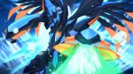  energy_beam energy_cannon flying glowing highres horns kurowassan mark_alles mecha no_humans solo soukyuu_no_fafner spikes splashing sword visor water weapon wings 