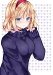  1girl alice_margatroid bangs blonde_hair blue_eyes blue_sweater blush breasts eyebrows_visible_through_hair hair_between_eyes hairband hand_up highres long_sleeves looking_at_viewer medium_breasts nanase_nao parted_lips polka_dot polka_dot_background red_hairband sleeves_past_wrists solo sweater touhou turtleneck turtleneck_sweater white_background 