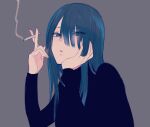  1girl aoe_nagi black_sweater cigarette eyebrows_visible_through_hair eyes_visible_through_hair grey_background hair_over_one_eye hand_on_own_face holding holding_cigarette long_hair looking_at_viewer minenami_ryou mole mole_under_eye parted_lips shounen_no_abyss simple_background sketch smoke smoking solo sweater turtleneck turtleneck_sweater upper_body 