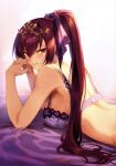  1girl absurdres bangs bare_shoulders bra breasts fate/grand_order fate_(series) fingernails hair_ornament hands_together highres interlocked_fingers jewelry lips long_hair looking_at_viewer lying mashuu_(neko_no_oyashiro) medium_breasts on_stomach ponytail purple_hair red_eyes scan scathach_(fate)_(all) scathach_skadi_(fate) shiny shiny_hair simple_background solo tiara tied_hair underwear underwear_only 