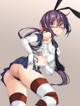  1girl akebono_(kancolle) ass bangs black_bow black_panties blue_skirt blush bow closed_mouth commentary_request cosplay elbow_gloves eyebrows_visible_through_hair glasses gloves gradient gradient_background hair_between_eyes highleg highleg_panties highres kantai_collection lips long_hair looking_at_viewer microskirt miniskirt navel panties purple_eyes purple_hair red-framed_eyewear sailor_collar semi-rimless_eyewear shimakaze_(kancolle) shimakaze_(kancolle)_(cosplay) side_ponytail simple_background skirt solo standing striped striped_legwear thighs torisan twintails under-rim_eyewear underwear very_long_hair white_gloves 