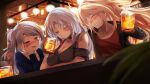  3girls :d ^_^ ^o^ admiral_hipper_(azur_lane) alcohol alternate_costume antenna_hair armband azur_lane bangs bar beer beer_mug blurry blush casual choker closed_eyes collarbone commentary_request contemporary cup depth_of_field drunk eyebrows_visible_through_hair grin highres holding holding_cup jacket lamp light_brown_hair long_hair mug multicolored_hair multiple_girls one_side_up open_mouth prinz_eugen_(azur_lane) shimofuji_jun sidelocks silver_eyes silver_hair smile tallinn_(azur_lane) two-tone_hair two_side_up 