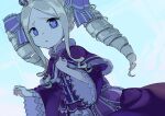  1girl beatrice_(re:zero) blonde_hair blue_background blue_eyes bow butterfly-shaped_pupils capelet coffeekite cowboy_shot crown dress drill_hair eyebrows_visible_through_hair frilled_dress frilled_sleeves frills fur-trimmed_capelet fur_trim hair_ornament hand_on_own_chest long_hair looking_at_viewer looking_to_the_side mini_crown outstretched_hand parted_lips purple_dress re:zero_kara_hajimeru_isekai_seikatsu ringlets sidelocks solo twin_drills twintails wide_sleeves 
