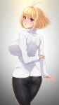  1girl antenna_hair arcueid_brunestud arm_behind_back ass back bangs black_legwear blonde_hair blush breasts cowboy_shot crossed_legs eyebrows_visible_through_hair from_behind gradient gradient_background highres holding_own_arm impossible_clothes impossible_sweater kemurin large_breasts looking_at_viewer looking_back no_pants nose_blush panties panties_under_pantyhose pantyhose parted_lips red_eyes shiny shiny_clothes shiny_legwear short_hair slit_pupils solo standing sweater tsukihime tsukihime_(remake) turtleneck turtleneck_sweater underwear white_panties 