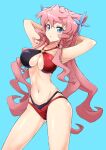  1girl :o ass_visible_through_thighs bangs bikini black_bikini blue_background blue_eyes breasts eyebrows_visible_through_hair flower hair_between_eyes hair_ears hair_flower hair_ornament large_breasts leaning_back leaning_to_the_side long_hair maria_cadenzavna_eve midriff mutsuki_riichi navel open_mouth pink_hair red_bikini senki_zesshou_symphogear solo swimsuit swimwear two-tone_bikini underboob 