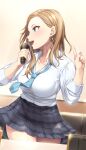  1girl :d absurdres black_skirt blonde_hair blue_eyes blue_neckwear blush breasts collared_shirt cowboy_shot earrings gyaru highres hiiragi_hajime holding holding_microphone index_finger_raised indoors jewelry karaoke kogal large_breasts long_hair long_sleeves looking_away looking_to_the_side microphone miniskirt music nail_polish necktie open_mouth original pink_nails plaid plaid_skirt pleated_skirt school_uniform shirt singing skirt smile solo striped striped_neckwear white_shirt 