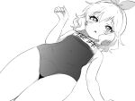  belly blush bow breasts child clenched_hand crotch eyebrows_visible_through_hair eyelashes from_below greyscale hair_bow headband idolmaster idolmaster_cinderella_girls minazuki_tooru monochrome name_tag navel open_mouth sakurai_momoka school_swimsuit simple_background small_breasts solo swimsuit thighs wavy_hair 