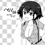  1girl alternate_costume aoshidan_school_uniform bangs belt birthday braid breasts character_name checkered checkered_background cleavage commentary dated girls_und_panzer greyscale hair_tie hand_on_hip large_breasts leaning_forward looking_at_viewer lowres monochrome nanashiro_gorou notice_lines open_mouth partially_unbuttoned pepperoni_(girls_und_panzer) pleated_skirt school_uniform short_hair side_braid skirt smile solo suspender_skirt suspenders translated 