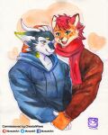  &lt;3 abstract_background absurd_res anthro blush clothed clothing dragon duo felid fur hair hand_holding hi_res hoodie horn jacket male mammal murazaki open_mouth painting_(artwork) pantherine rubbing_head scalie scarf smile topwear traditional_media_(artwork) watercolor_(artwork) 