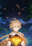  1boy absurdres aether_(genshin_impact) ahoge armor blonde_hair blurry blurry_background braid braided_ponytail cape closed_mouth cloud commentary_request dl_mask earrings eyebrows_visible_through_hair eyes_visible_through_hair feather_earrings feathers floating_hair genshin_impact gloves glowing gold_trim highres holding holding_lantern jewelry korean_commentary lantern leaf light_smile long_hair looking_at_viewer male_focus night outdoors paper_lantern scarf shoulder_armor single_braid single_earring single_spaulder sky sky_lantern solo spaulders straight-on tree upper_body white_scarf yellow_eyes 