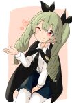  1girl ;) anchovy_(girls_und_panzer) anzio_school_uniform bangs barashiya black_cape black_neckwear black_ribbon black_skirt cape closed_mouth commentary dress_shirt drill_hair eyebrows_visible_through_hair gesture girls_und_panzer green_hair hair_ribbon heart highres invisible_chair long_hair long_sleeves looking_at_viewer miniskirt necktie one_eye_closed pantyhose pleated_skirt red_eyes ribbon school_uniform shirt sitting skirt smile solo twin_drills twintails white_legwear white_shirt wing_collar 