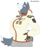  anthro big_breasts bottomwear breasts canid canine canis clothing collar eye_scar facial_scar female fluffy fluffy_tail hands_on_hips hi_res hocolatemilk looking_up mammal medal military pants pinup pose scar shoulder_pads solo uniform valerie_(snivybatt) wolf wolf_tail 
