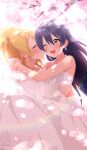  2girls ;d absurdres arms_around_neck asymmetrical_bangs ayase_eli bangs blonde_hair blue_hair blush breasts carrying cheek_kiss closed_eyes dress earrings hair_between_eyes hair_ornament highres hug jewelry kiss lace-trimmed_dress lace_trim long_hair love_live! love_live!_school_idol_project medium_breasts multiple_girls nanatsu_no_umi necklace one_eye_closed open_mouth pearl_necklace ponytail shiny simple_background smile sonoda_umi tiara upper_body wedding wedding_dress wife_and_wife yellow_eyes yuri 