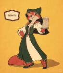  2021 absurd_res alcohol anthro beverage canid canine clothed clothing cup dialogue disney dress female footwear fox fox-pop green_clothing hand_on_hip headdress hi_res holding_object holidays irish_text looking_at_viewer maid_marian mammal one_eye_closed robin_hood_(disney) shoes simple_background smile solo st._patrick&#039;s_day standing talking_to_viewer text translated wink yellow_background 