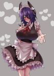  1girl absurdres alternate_costume blush breasts eyebrows eyebrows_visible_through_hair gloves hand_on_own_chest headgear heart heart_background highres kantai_collection large_breasts maid maid_headdress medium_hair one-eyed outstretched_hand purple_hair tenryuu_(kancolle) twitter_username white_gloves wrist_cuffs yellow_eyes yuudadou 