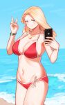  1girl bad_anatomy bad_proportions beach bikini blonde_hair blue_eyes blush breasts cellphone cleavage closed_mouth commentary cowboy_shot derivative_work english_commentary fingernails grand_theft_auto grand_theft_auto_v hand_up highres holding holding_phone jewelry large_breasts long_hair looking_at_viewer nail_polish navel necklace ocean phone red_bikini ring ryusei_hashida side-tie_bikini smartphone smile solo swimsuit v wristband yellow_nails 