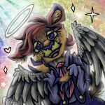  1:1 angel anthro blue_eyes blue_nose bottons cervid cherub clothed clothing deerie_(vivzmind) deidad_dissitum feathered_wings feathers female fully_clothed fur hair halo helluva_boss hooves light looking_at_viewer mammal open_mouth orange_body orange_fur rainbow red_hair smile solo solo_focus spread_wings teeth tongue wings 