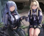  2girls 3_small_spiders ak-12 ak-12_(girls_frontline) an-94 an-94_(girls_frontline) aqua_eyes assault_rifle bag bangs blonde_hair braid closed_mouth cup eyebrows_visible_through_hair french_braid girls_frontline gloves gun hair_between_eyes hairband highres holding holding_cup long_hair long_sleeves looking_at_viewer multiple_girls one_eye_closed pants partially_fingerless_gloves pink_eyes ponytail rifle short_shorts shorts silver_hair sitting weapon 